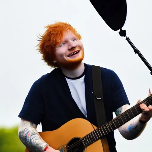 Prompt: Ed Sheeran parachuting in the sky playing small acoustic guitar and singing