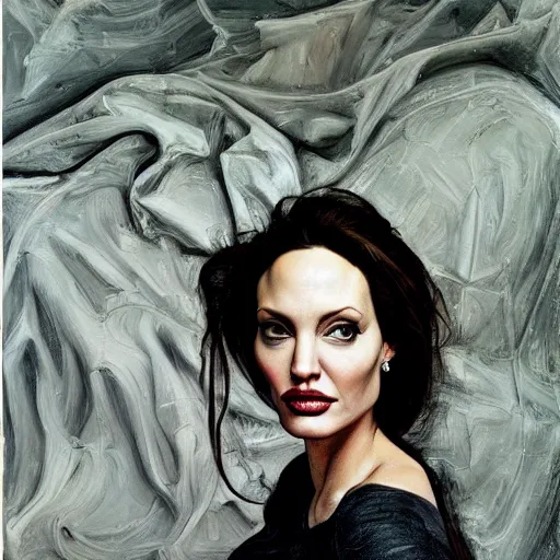 Image similar to high quality high detail painting by lucian freud, hd, angelina jolie portrait, dramatic lighting