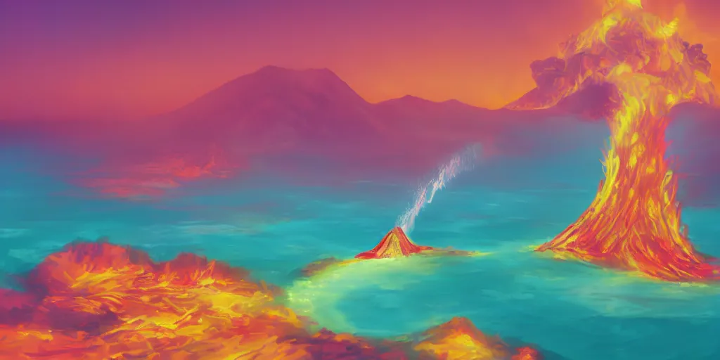 Image similar to pink lemonade flowing from the volcano, digital art, 4 k, highly detailed, soft lighting, dramatic perspective