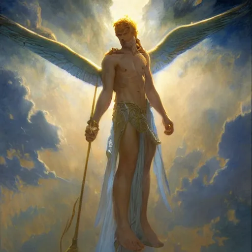 Image similar to attractive male deity casts light spell, summons attractive male lucifer morningstar. highly detailed painting by gaston bussiere, craig mullins, j. c. leyendecker 8 k