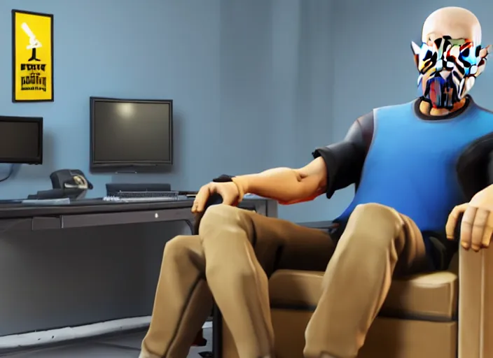 Image similar to realistic gamer walter white in real life on a gaming chair playing fortnite on his gamer pc