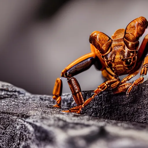 Prompt: macro photography of a creature that has the body of a scorpion and the head of dwayne johnson