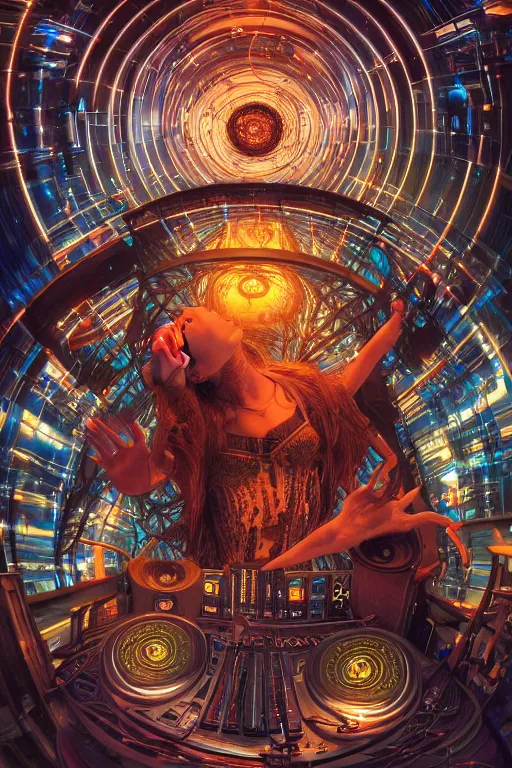 Image similar to a fisheye lens photo of a futuristic tribal dj tweaking and playing synthesizers in the most complicated and technical spiral fractal musical studio, powerful, cinematic, beautifully lit, by donato giancola, by artgerm, by karol bak, 3 d, perfect face and body, trending on artstation, octane render, 8 k