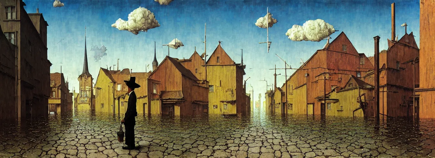 Image similar to flooded old wooden empty cursed city street, very coherent and colorful high contrast masterpiece by norman rockwell franz sedlacek rene magritte gediminas pranckevicius, full - length view, dark shadows, sunny day, hard lighting, reference sheet white background