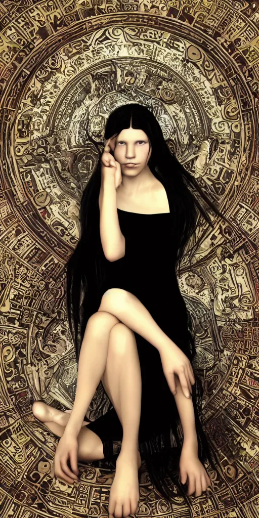 Image similar to photo of lonely young girl with straight long black hair wearing black dress and sitting on bathroom floor, photo made by mario testino and vanessa beecroft, render by artgem and alphonse mucha for capcom co, resident evil