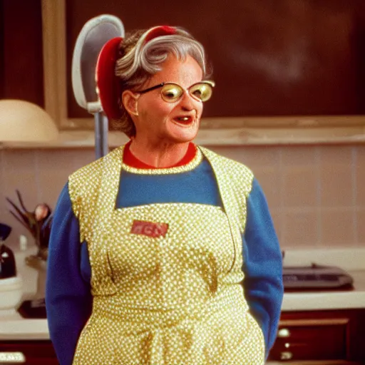 Prompt: robin williams dressed as mrs doubtfire in the movie mrs doubtfire ( 1 9 9 3 ), movie still, photo realistic, sigma 5 0 mm,