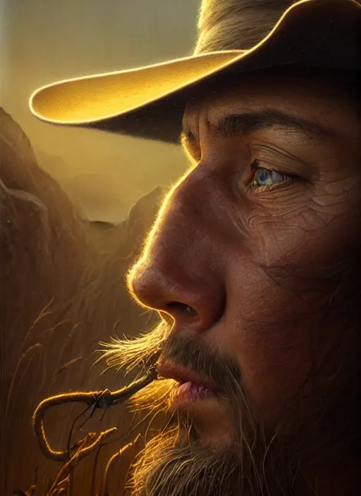 Prompt: closeup portrait shot of a cowboy in nature in a scenic dystopian environment, intricate, elegant, highly detailed, centered, digital painting, artstation, backlit, concept art, smooth, sharp focus, illustration, artgerm, tomasz alen kopera, peter mohrbacher, donato giancola, joseph christian leyendecker, wlop, boris vallejo