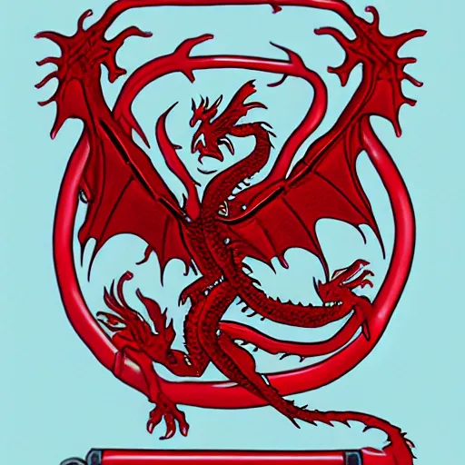 Image similar to a red dragon holding a red die, white background