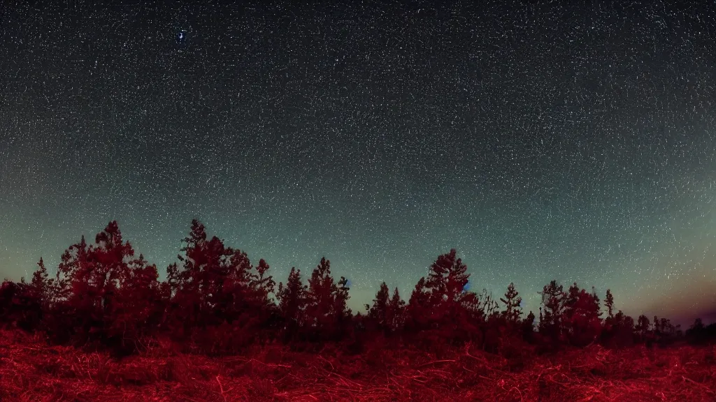 Image similar to Nikon D810 | ISO 800 | focal length 20mm (Voigtländer 20mm f3.5) | Aperture f/9 | Exposure Time 1/20 Sec (DRI 8k ultra realistic night time photography of a mystical cosmic night sky with red smoke and, a perfect big full moon!!!, A glimpse through a small gap in the dark green dense foliage!!!! and overgrowth and the trees!! of the huge full moon over water in a dark sky. wreathed in red smoke!!!, mist, starlight, night-time, volumetric lighting, dark enclosed, cozy, quiet forest night scene, spangled, cosmic