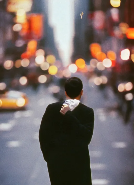 Image similar to a 35mm photograph of a man walking down the street in New York City in the 1960's, bokeh, Canon 50mm, cinematic lighting, photography, retro, film, Kodachrome