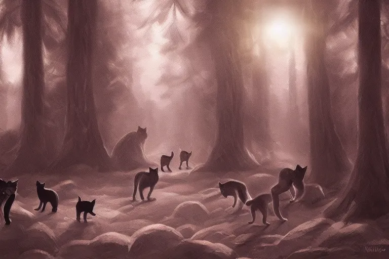 Prompt: a forest with a group of cats travelling, trending on artstation, by wayne mcloughlin, backlighting