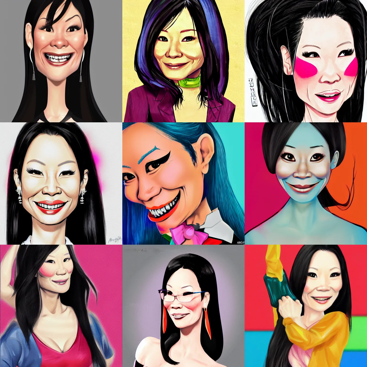 Prompt: a very exagerated caricature of lucy liu, colorful, trending on artstation, artgem, pixiv