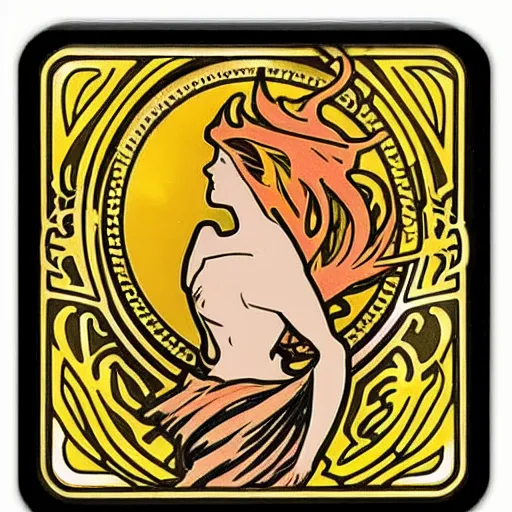 Image similar to a square enamel pin of a fire flames blaze label art by alphonse mucha, smooth curves, behance