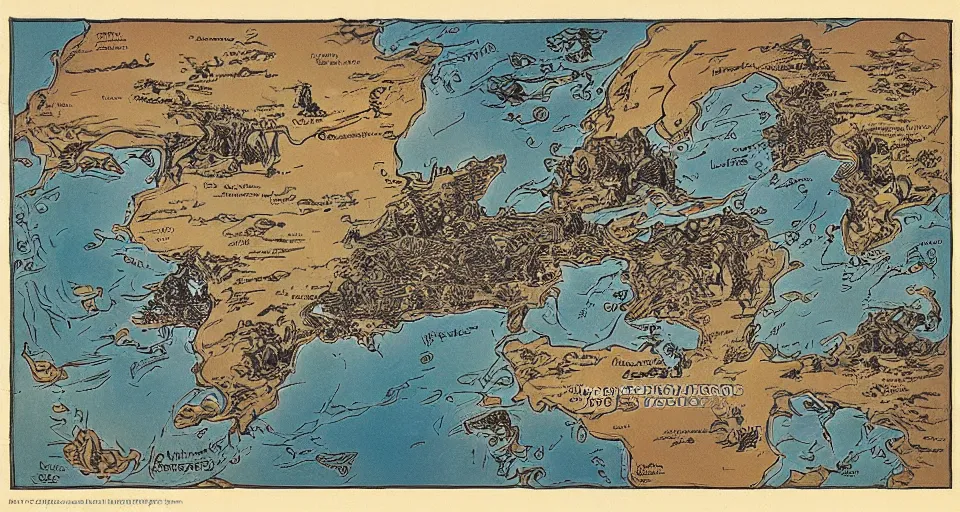 Image similar to moebius illustration of a map. map of a continent. a junkyard planet with a small settlement. maps showing a continent. detailed fantasy art, illustrated map.