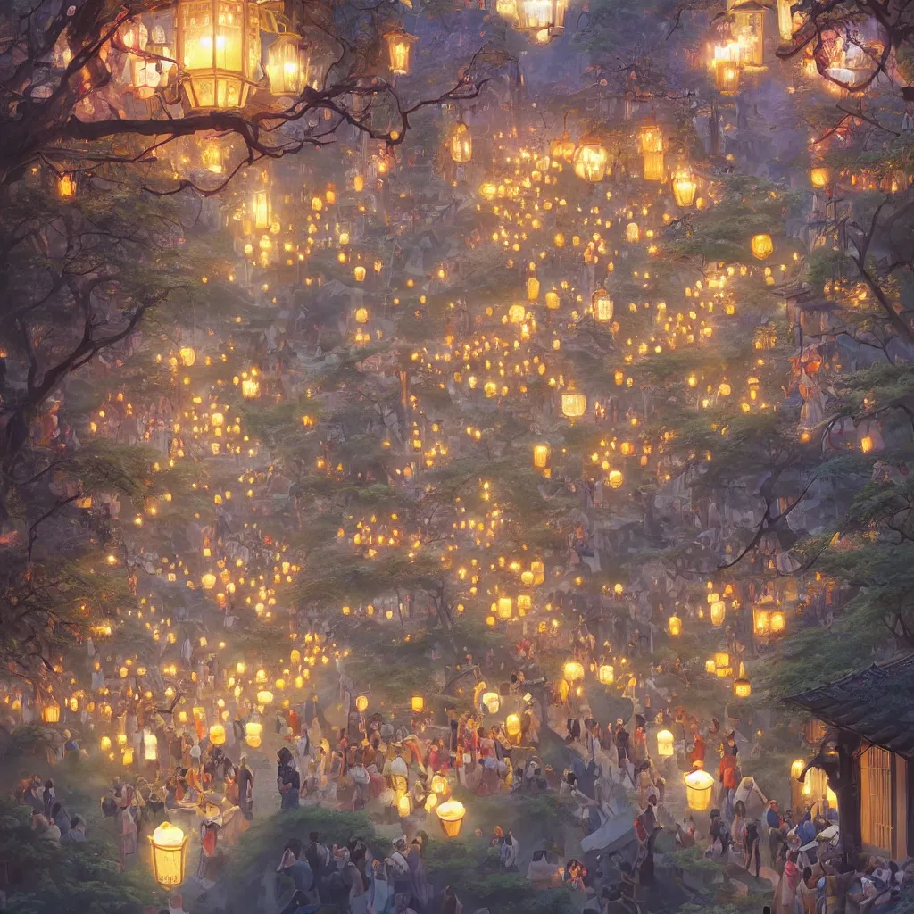 Prompt: grand river lantern festival, tang dynasty, the crowd surged, fantasy art by greg, loish, rhads, ferdinand knab, makoto shinkai and lois van baarle, ilya kuvshinov, rossdraws, tom bagshaw, global illumination, radiant light, happy, detailed and intricate environment, 8 k