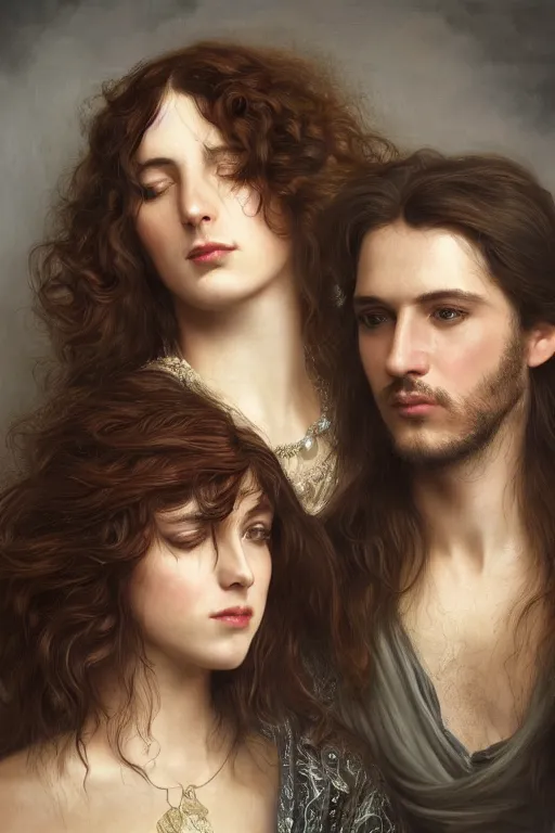 Image similar to a portrait of handsome young male rock star with long hair and his elegant beautiful bohemian wife, bored, illustration, dramatic lighting, soft details, painting oil on canvas, art nouveau, octane render, HDR, 4k, 8k, HD, by Edmund Blair Leighton, Brom, Charlie Bowater, trending on artstation, faces by Tom Bagshaw, Sargent