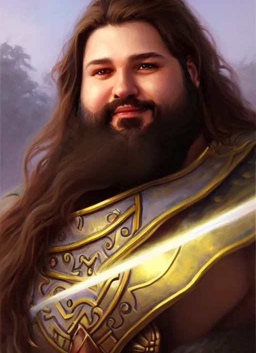 Image similar to a _ fantasy _ style _ portrait _ painting _ of light brown male paladin with long wavy brown hair chubby and beard, rpg dnd oil _ painting _ unreal _ 5 _ daz. _ rpg _ portrait _ extremely _ detailed _ artgerm _ greg _ rutkowski _ greg