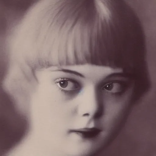 Image similar to headshot edwardian photograph of elle fanning, 1 9 2 0 s film actress, realistic face, 1 9 1 0 s, grainy, victorian, detailed, soft blur