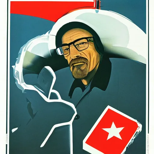 Prompt: Soviet Poster of Walter White demading Meth from Gus