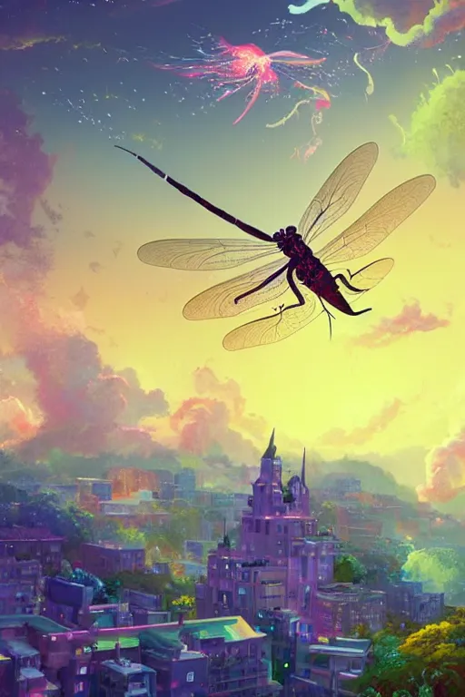 Prompt: A magical DJ mixer is exploding in several fragments artwork by Tomer Hanuka Rendering with an giant dragonfly flying over it. full of details, by Makoto Shinkai and thomas kinkade, Matte painting, trending on artstation and unreal engine