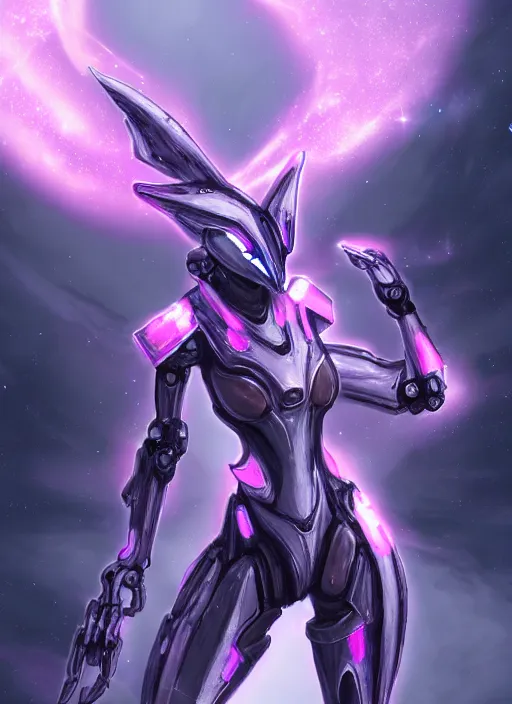 Image similar to cinematic shot, cosmic sized perfectly proportioned stunning beautiful hot female warframe, robot mecha female dragon head, mecha maw, silver armor, fuschia leds, floating in empty space, nebula sized, holding a galaxy, epic proportions, epic size, epic scale, furry art, dragon art, giantess art, warframe fanart, furaffinity, deviantart