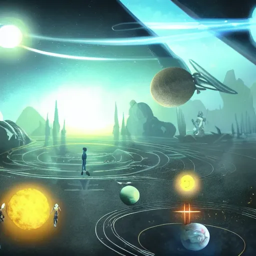 Image similar to a new RPG video game set in a solar system greatly populated with life, each planet has a unique ecology with many varying species and cultures, a method of communication between beings of differing planetary origin has been developed, the player has a spaceship and can explore and interact with these planets, 4k, concept art