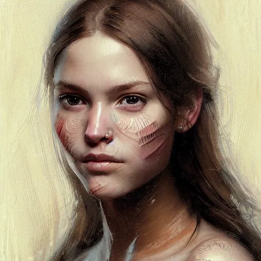 Prompt: Facial portrait of a cute girl, looking at the camera, slight awkward smile, lips slightly parted, no hands visible, blushing, intricate, extremely detailed painting by Greg Rutkowski and by Henry Justice Ford and by Steve Henderson