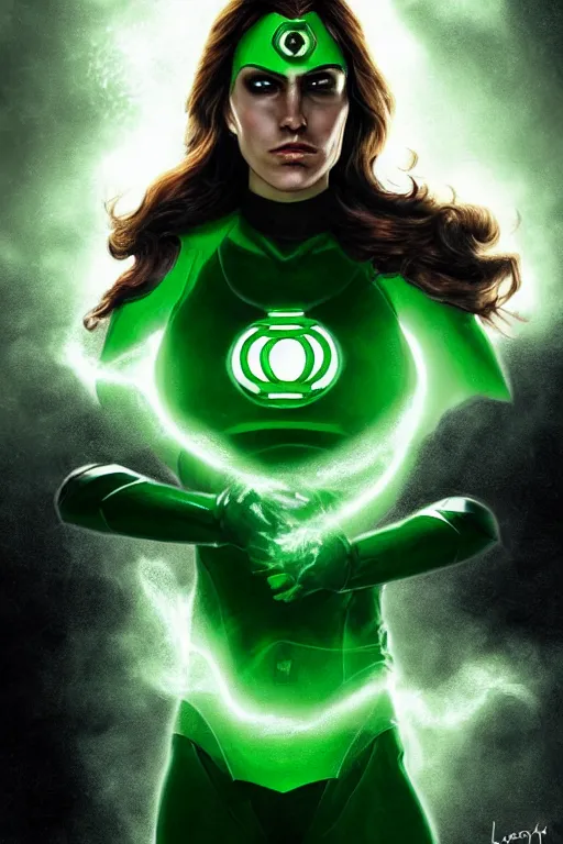 Image similar to Majestic and regal portrait of a female Green Lantern, DC universe, Perfect face, beautiful, intricate, epic, elegant, menacing, fantasy, highly detailed, digital painting, hard focus, beautiful volumetric lighting, epic light, ultra detailed, Horror, souls, ghosts, smoke by Leesha Hannigan, Ross Tran, Thierry Doizon, Kai Carpenter, Ignacio Fernández Ríos