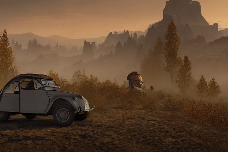 Image similar to offroad citroen 2 cv ( 1 9 6 5 ) of daedric design driving across the rift, daedric axe stored on the side of the car, leather and cloth traveller backpacks on roof, riften city in the background, epic fantasy, autumn, the elder scrolls v : skyrim, dramatic lighting, establishing shot, by simon stalenhag