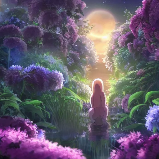 Image similar to spirit creature in the flowers at night made by studio ghibli, beautiful scene, detailed, high quality, high details, smooth, 8 k, fantasy,