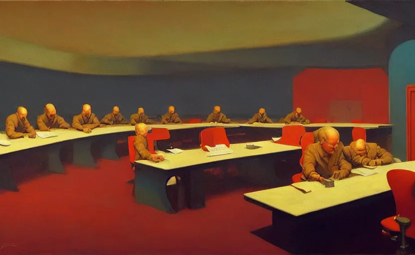 Prompt: Inside a Nuclear war room, very coherent, painted by Edward Hopper, Wayne Barlowe, painted by James Gilleard, airbrush, art by James and Jean Ross Tran