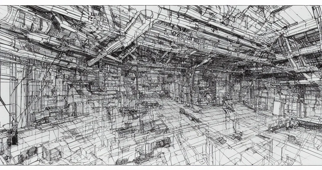 Image similar to technical drawing of secret underground laboratory room interior, clear line art, sketch on paper, by Tsutomu Nihei and Laurie Greasley and Goro Fujita, detailed shadows, blueprints, schematic style, highly detailed, strong perspective, two-point perspective, isometric perspective illustration