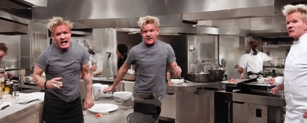 Prompt: Gordon ramsay kitchen nightmare yelling at a teenage boy with pimples cooking in a McDonald's kitchen, epic, cinematic