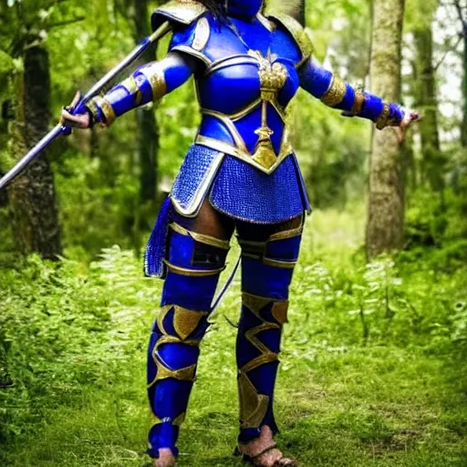 Image similar to full body photo of a female warrior with lapis lazuli armour