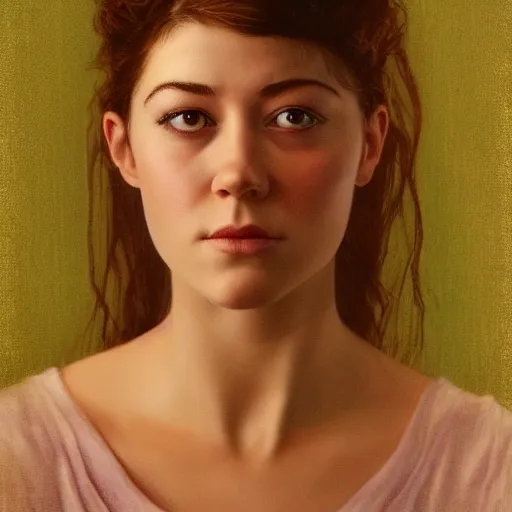 Image similar to a masterpiece portrait photo of a beautiful young woman who looks like a orc mary elizabeth winstead, symmetrical face