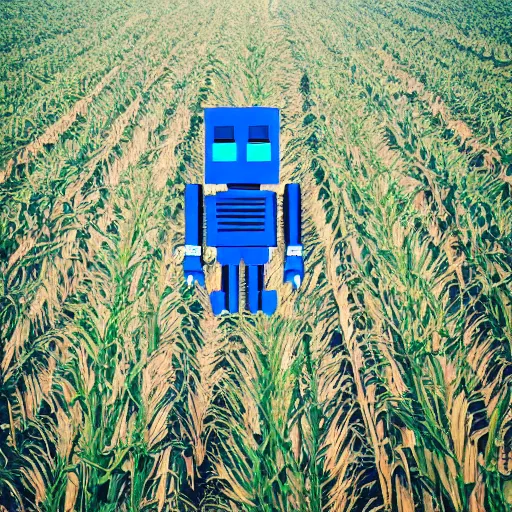 Image similar to a photo of transformers wearing a straw hat blue overalls in the corn field, robots, humanoid, star wars, chappie, farming, photorealistic, 8 k