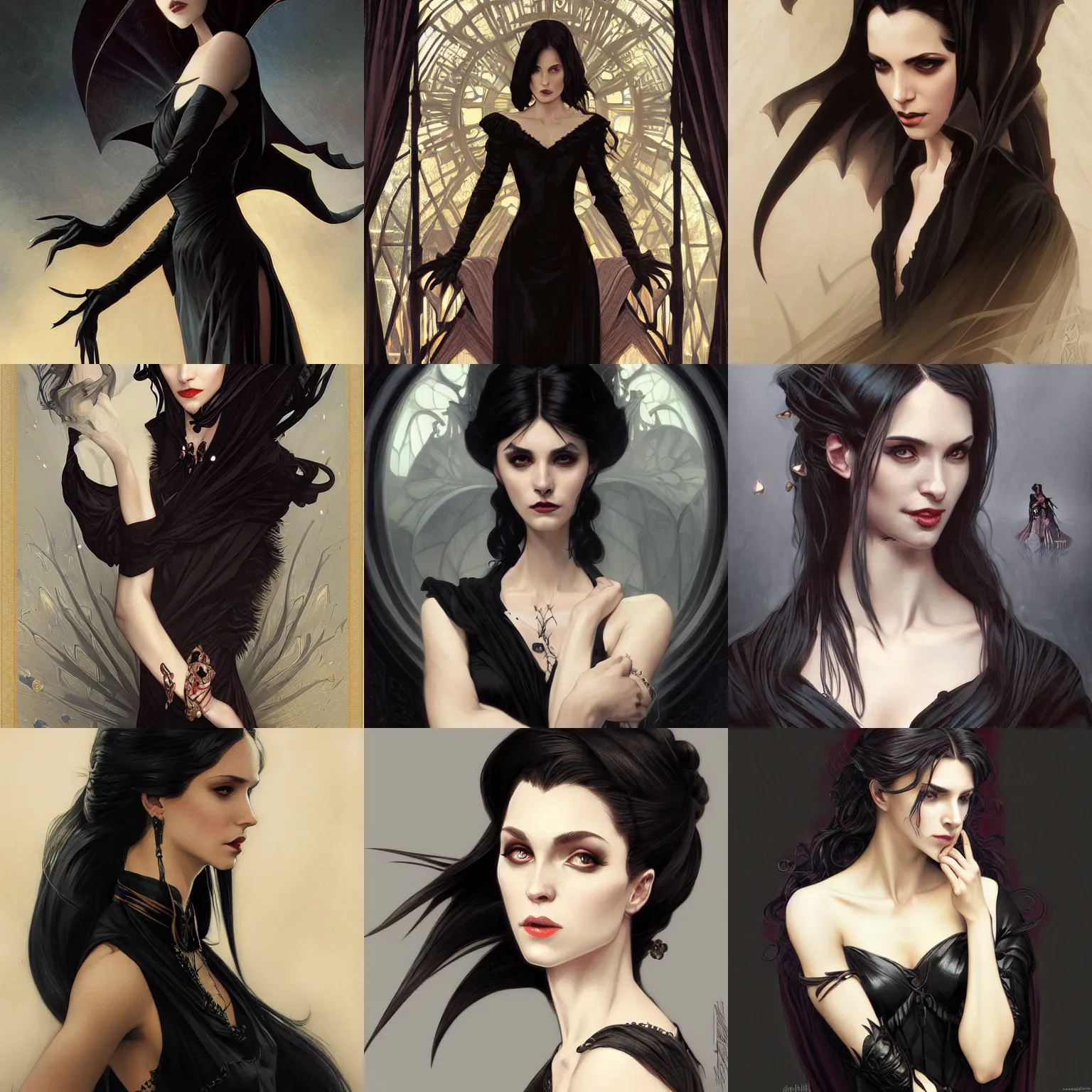 Prompt: portrait of a vampire, black dress, D&D, fantasy, intricate, elegant, highly detailed, digital painting, artstation, smooth, sharp focus, illustration, art by artgerm and greg rutkowski and alphonse mucha and magali villeneuve