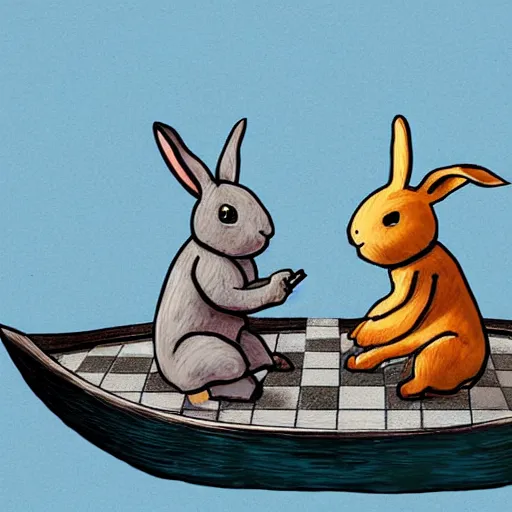 Prompt: concept art of two rabbits playing chess on a rowboat