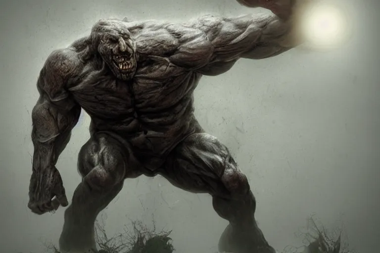 Prompt: a giant monster made of flesh and muscles, very angry, misty, foggy, ambient light, terror, glows, realistic, photo-realism, hyper realism, picture,