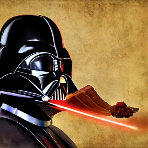 Image similar to darth vader putting stips of bacon on his helmet, digital art, photorealistic, hyperdetailed