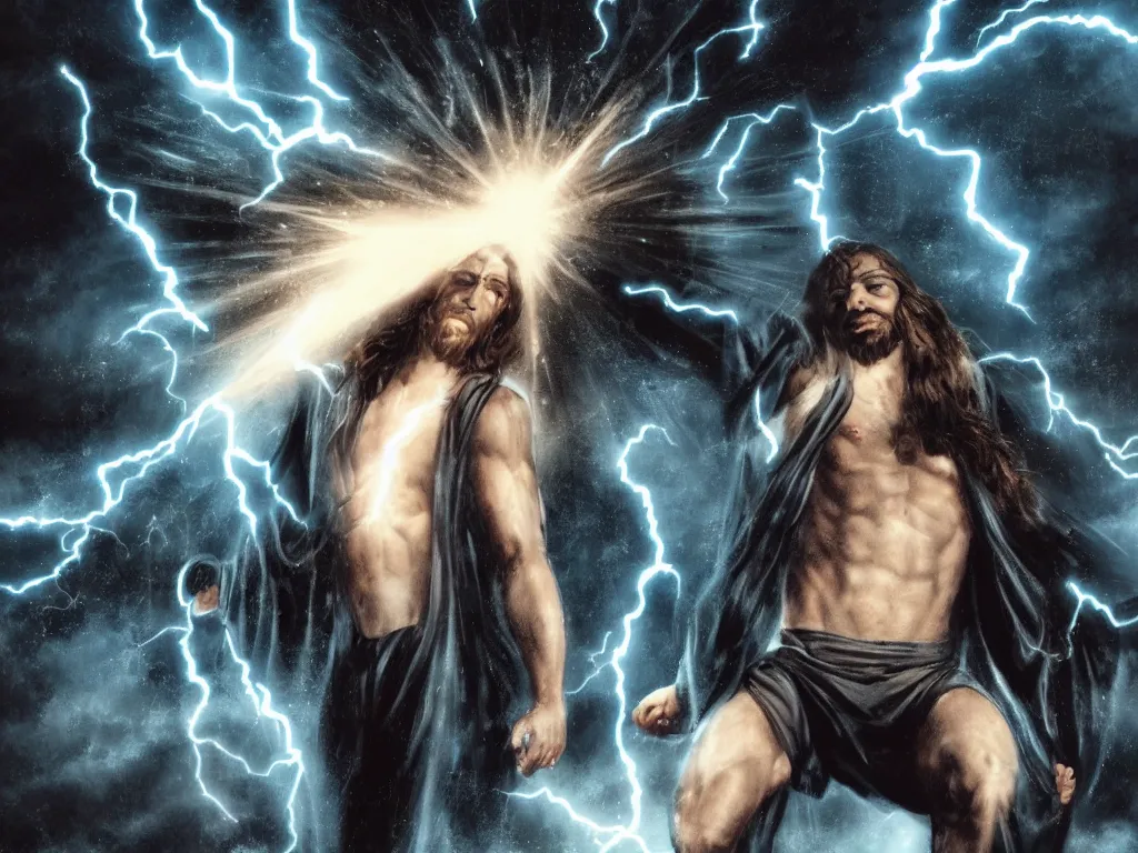 Image similar to jesus christ as a superhero with long hair and white eyes floating above the water shooting lightning out of his hands, sin city, full shot, graphic novel, symmetrical, frontal,