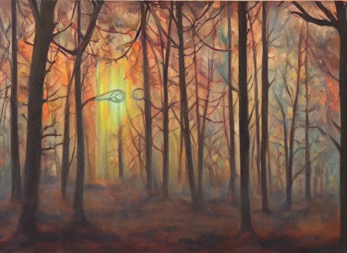 Prompt: forest hiding pagan ritual lights, oil on canvas