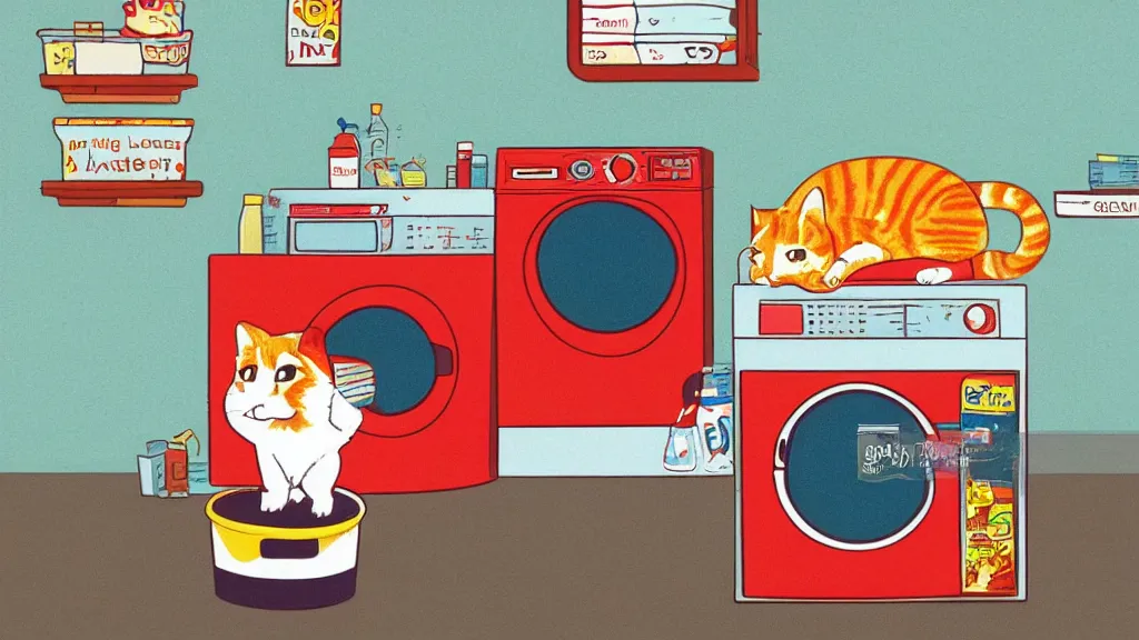 Prompt: cat sitting on top of a washing machine in a laundromat by Richard Scarry illustration