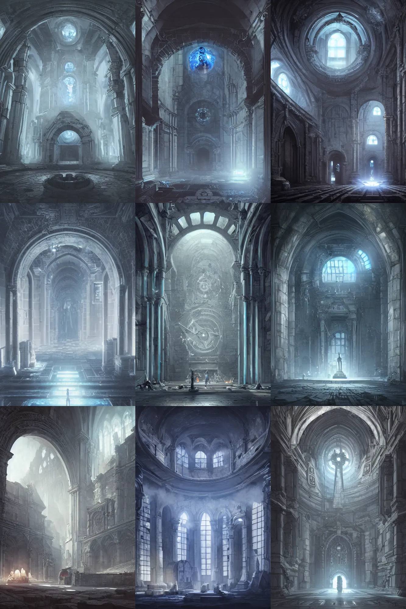 Prompt: cyberpunk, old gothic crypt, white marble walls, a round portal to another world in the center, white smoke, epic scenery, dramatic white and blue lighting, detailed illustration, digital art, overdetailed art, concept art, detailed illustration, hd, 4k, digital art, highly saturated colors, Greg Rutkowski, trending on artstation