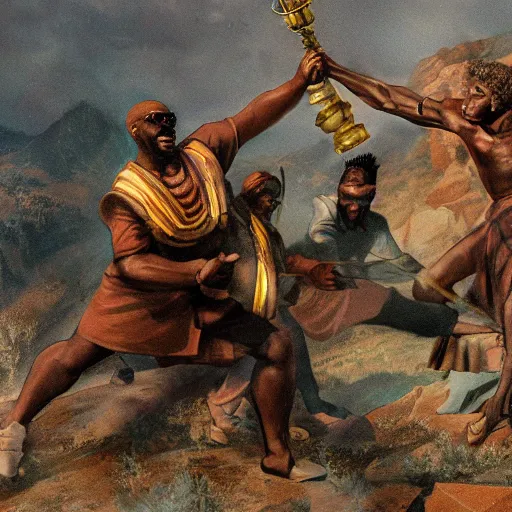 Prompt: black person with golden mace in hands fighting lenin in mountains, photorealistic