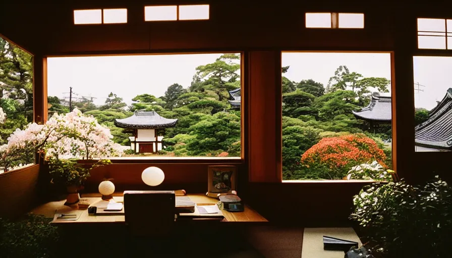 Image similar to 1 9 9 0 s candid 3 5 mm photo of a beautiful day in the a dreamy japanese flowery cottage designed by gucci, cinematic lighting, cinematic look, golden hour, a desk for flower arrangements and journaling has sun shinning on it through a window, temple in the distance, uhd