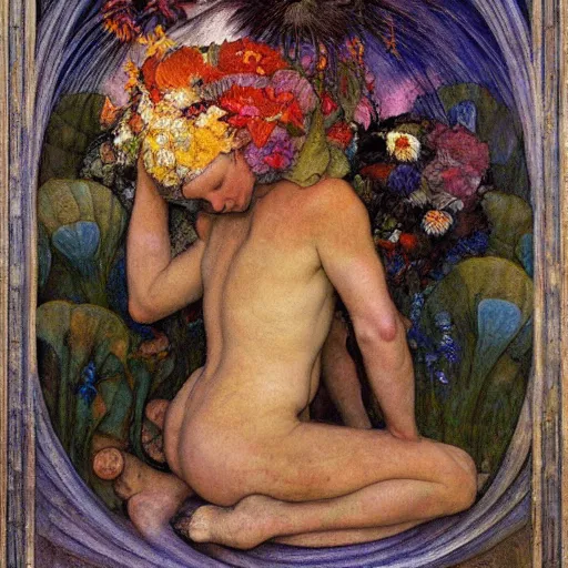 Image similar to the flower prince is dying, by Annie Swynnerton and Diego Rivera and Elihu Vedder, symbolist, dramatic lighting, elaborate geometric ornament, Art Brut, soft cool colors,smooth, sharp focus, extremely detailed, Adolf Wölfli and Donato Giancola