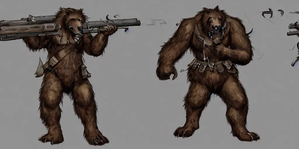 Image similar to Full body concept art of A High fantasy WW1 bear beast-man firing a enchanted heavy shotgun trending on artstation deviantart Pinterest detailed High Resolution HD 8k