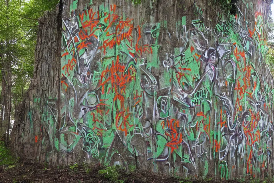 Image similar to graffiti of a forest on a wall, by birdo, alex maksiov and john pugh, anamorphic, surreal