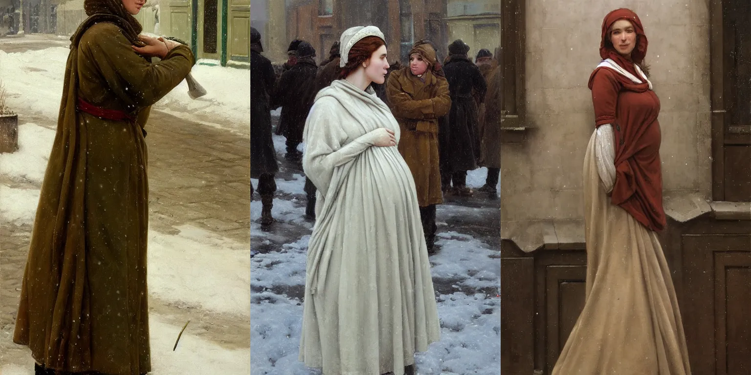 Prompt: full-length portrait of a pregnant woman on the street of besieged Leningrad by Edmund Blair Leighton, Brom, Charlie Bowater, trending on artstation, historically reliable photo chronicle, winter 1941, oil on canvas, cinematic, hyper realism, dramatic lighting, high detail 4k
